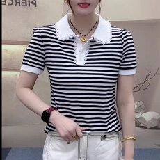批发纯棉夏季时尚拼接撞色T恤新款设计蕾丝边领小衫日常洋气减龄短袖
