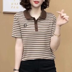 批发纯棉新款简约休闲舒适通勤气质翻领短袖夏季百搭时尚减龄条纹T恤