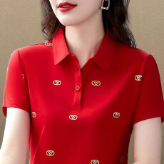 批发纯棉妈妈洋气减龄小众设计印花短袖夏季潮流时尚翻领穿搭显瘦T恤