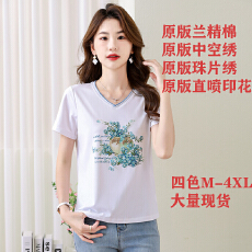 批发实拍-大量，V领刺绣纯棉中年妈妈大码女装T恤上衣
