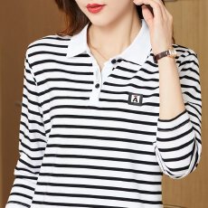 批发2025<b class='q'>春</b>秋新款纯棉PO领长袖t恤女<b class='q'>春</b>秋中老年妈妈装遮肚打底上衣