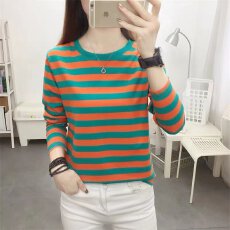批发纯棉条纹长袖t恤女早<b class='q'>春</b>秋新款中年妈妈大码宽松显瘦遮肚子打底衫