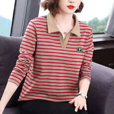 批发纯棉<b class='q'>秋</b>季百搭时尚撞色翻领条纹长袖妈妈日常简约舒适穿搭显瘦上衣