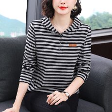 批发秋季新款百搭时尚撞色条纹薄款T恤女士休闲连帽宽松遮肚显瘦上衣