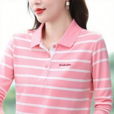 批发纯棉<b class='q'>春</b>秋季百搭时尚条纹polo衫长袖中年女士洋气简约遮肉显瘦上衣