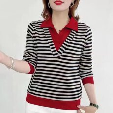 批发<b class='q'>春</b>秋季百搭时尚撞色条纹POLO衫显瘦上衣日常洋气减龄穿搭通勤长袖