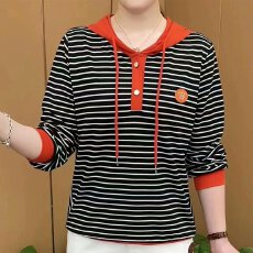 批发纯棉<b class='q'>秋</b>季洋气减龄连帽遮肉显瘦长袖中年妈妈日常百搭时尚条纹上衣
