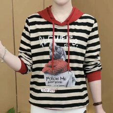 批发<b class='q'>秋</b>季日常百搭设计感撞色连帽衫显瘦上衣新款时尚减龄穿搭条纹长袖