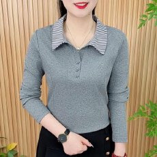 批发中年女士潮流时尚设计条纹翻领显瘦长袖<b class='q'>秋</b>季百搭简约休闲刺绣上衣