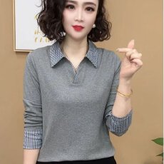 批发日常简约百搭小众设计格纹翻领显瘦上衣<b class='q'>秋</b>季时尚休闲减龄POLO长袖