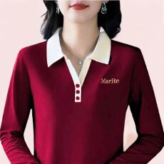 批发【棉95氨纶8纯棉女士洋气时尚拼接撞色翻领长袖<b class='q'>秋</b>季百搭刺绣上衣