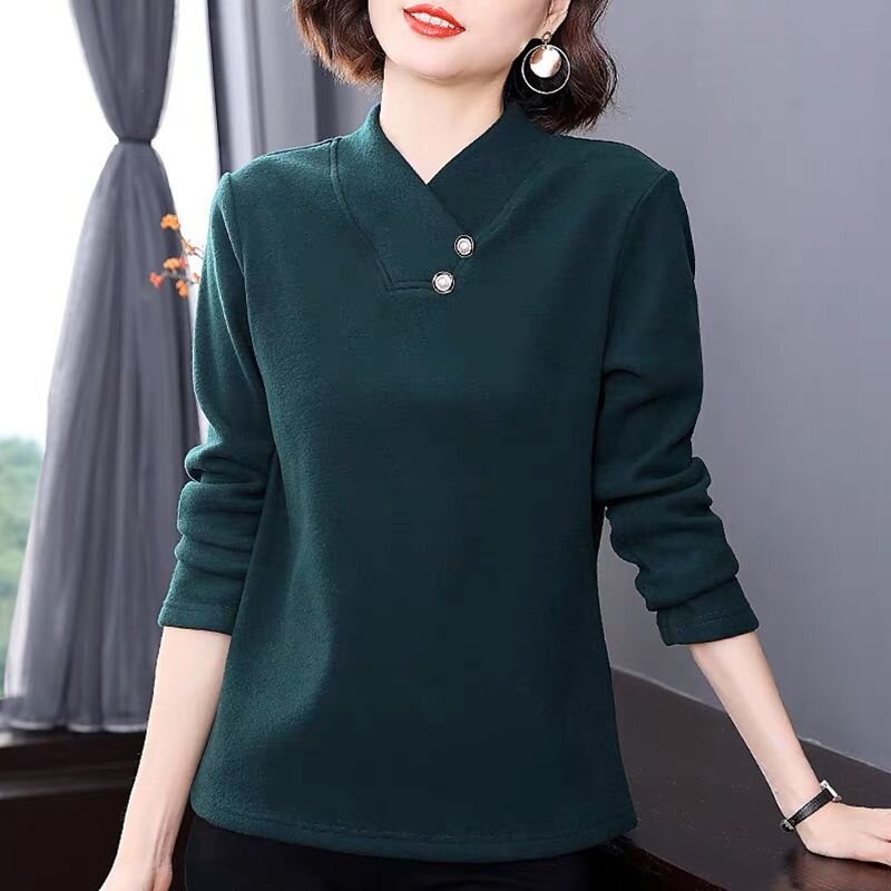 MY16712# 双面德绒中年女士时尚V领减龄穿搭上衣简约通勤长袖女裝貨源服裝批發