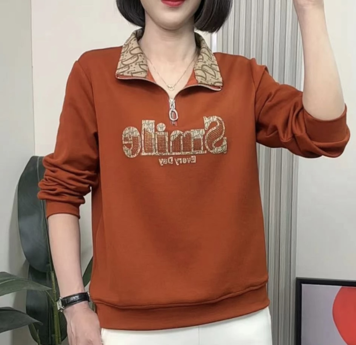 MY16711# 95棉5氨纶气质时尚高品质POLO衫拉链立领遮肉显瘦上衣女裝貨源服裝批發