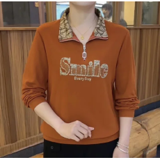 批发【95棉5氨纶中年女士日常洋气时髦拼接字母烫钻拉链翻领显瘦<b class='q'>上衣</b>