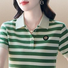 批发【55棉45涤】<b class='q'>夏</b>季百搭洋气减龄显瘦短袖新款时尚休闲翻领条纹T恤