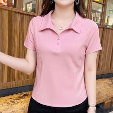 批发棉95氨纶5】新款简约时尚减龄刺绣T恤<b class='q'>夏季</b>百搭通勤翻领显瘦短袖