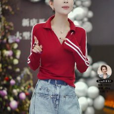 批发棉92氨纶8】新款小众设计感翻领上衣潮流百搭<b class='q'>时尚</b>遮肉POLO衫长袖