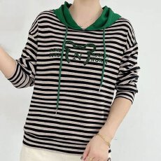 批发棉35其他65妈妈洋气减龄设计烫钻长袖<b class='q'>秋</b>季百搭时尚条纹连帽上衣