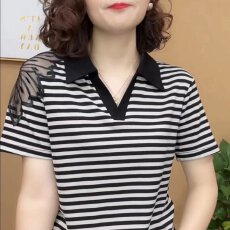 批发【95棉5氨纶2026<b class='q'>夏</b>季百搭设计镂肩条纹短袖新款时尚洋气减龄体恤