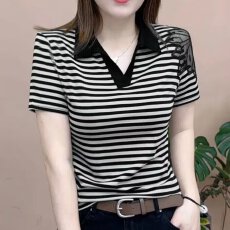批发95棉5氨纶】潮流时尚气质POLO衫薄款T恤<b class='q'>夏</b>季百搭条纹拼接镂空短袖