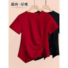 批发【95棉5氨纶设计不规则对称短袖t恤新款夏季修身显瘦薄款褶皱上衣