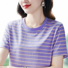 批发95棉5氨纶】条纹圆领短袖t恤女装夏季新款洋气上衣休闲百搭宽松女