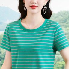 批发【95棉5氨纶】条纹圆领短袖t恤新款中年妈妈洋气上衣休闲百搭宽松