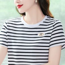 批发【95棉5氨纶】圆领条纹百搭短袖<b class='q'>t</b><b class='q'>恤</b>女夏季宽松中年妈妈小衫<b class='q'>T</b>上衣