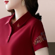 批发【95棉5氨纶】日常百搭时尚设计刺绣显瘦T恤夏季气质翻领薄款短袖