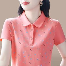 批发【95棉5氨纶女士洋气时尚设计印花小衫夏季百搭减龄气质翻领短袖