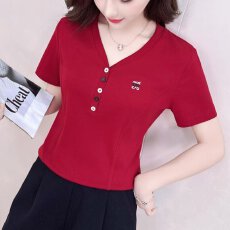 批发92棉8氨纶新款简约百搭显瘦短袖夏季时尚小众设计V领绣花T恤衫