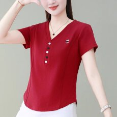 批发【92棉8氨纶夏季百搭简约弧形下摆短袖日常时尚设计感V领纽扣T恤