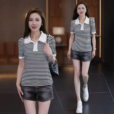 批发【95棉5氨纶】夏季时尚拼接撞色蕾丝边领T恤女士日常洋气减龄短袖