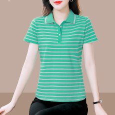 批发【棉95氨纶5】纯棉翻领短袖2024年时尚条纹洋气妈妈装休闲百搭T恤