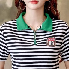 批发【棉95氨纶5】时尚休闲撞色翻领短袖夏季新款百搭拉链立领条纹t恤