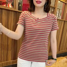 批发【95棉5氨纶夏季时尚休闲V领条纹款短袖新款洋气减龄百搭显瘦T恤