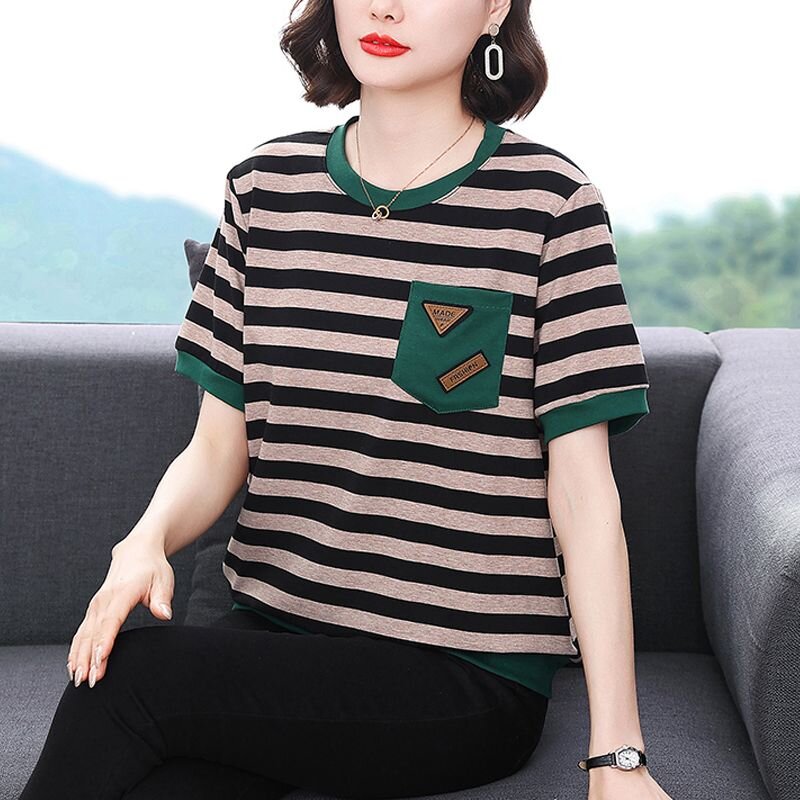 RY1456# 彩棉含棉量≈40新款纯棉条纹短袖T恤时尚休闲条纹宽松女士妈妈装
