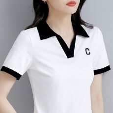 批发棉95氨纶5夏季新款刺绣字母T恤上衣时尚POLO领设计拼接百搭打底