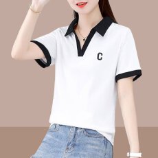 批发棉95氨纶5夏季翻领撞色刺绣字母T恤上衣时尚POLO领设计拼接百搭