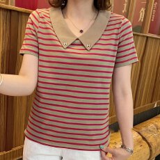 批发【95棉5氨纶<b class='q'>夏</b>季时尚百搭休闲纯棉T恤女显瘦翻领条纹短袖印花小衫