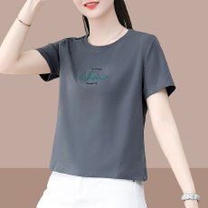批发【棉95氨纶5日常简约休闲易搭印花款T恤女士<b class='q'>夏</b>季百搭时尚圆领短袖