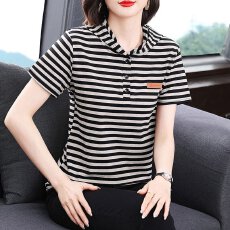 批发【彩棉含棉量≈40新款<b class='q'>时尚</b>休闲穿搭条纹T恤夏季<b class='q'>潮流</b>简约连帽短袖