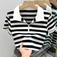 批发【95棉5氨纶条纹新款POLO领T恤短袖拉链设计别致气质洋气上衣T恤