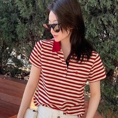 批发【95棉5氨纶<b class='q'>夏</b>季Polo领条纹短袖新款百搭显瘦减龄T恤韩版高级上衣