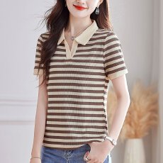 批发【95棉5氨纶<b class='q'>夏</b>季百搭条纹POLO领T恤女士新款时尚气质遮肉显瘦短袖