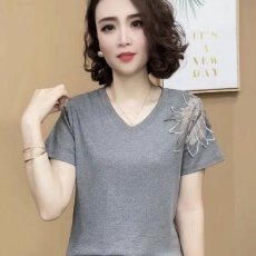 批发【棉95氨纶5潮流时尚高级感纯色V领短袖<b class='q'>夏</b>季百搭洋气减龄镂空T恤