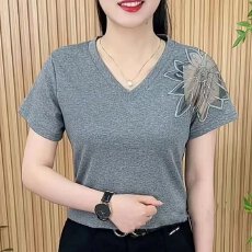 批发【棉95氨纶5<b class='q'>夏</b>季百搭洋气减龄镂空T恤潮流时尚高级感纯色V领短袖