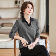 批发棉92氨纶8秋季洋气时髦拼接撞色翻领上衣新款百搭简约休闲上衣