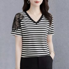 批发【棉95氨纶5潮流时尚高级感纯色V领短袖<b class='q'>夏</b>季百搭洋气减龄镂空T恤