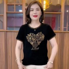 批发95棉5氨纶中年妈妈洋气时髦减龄装短袖<b class='q'>夏</b>季百搭设计烫钻圆领T恤